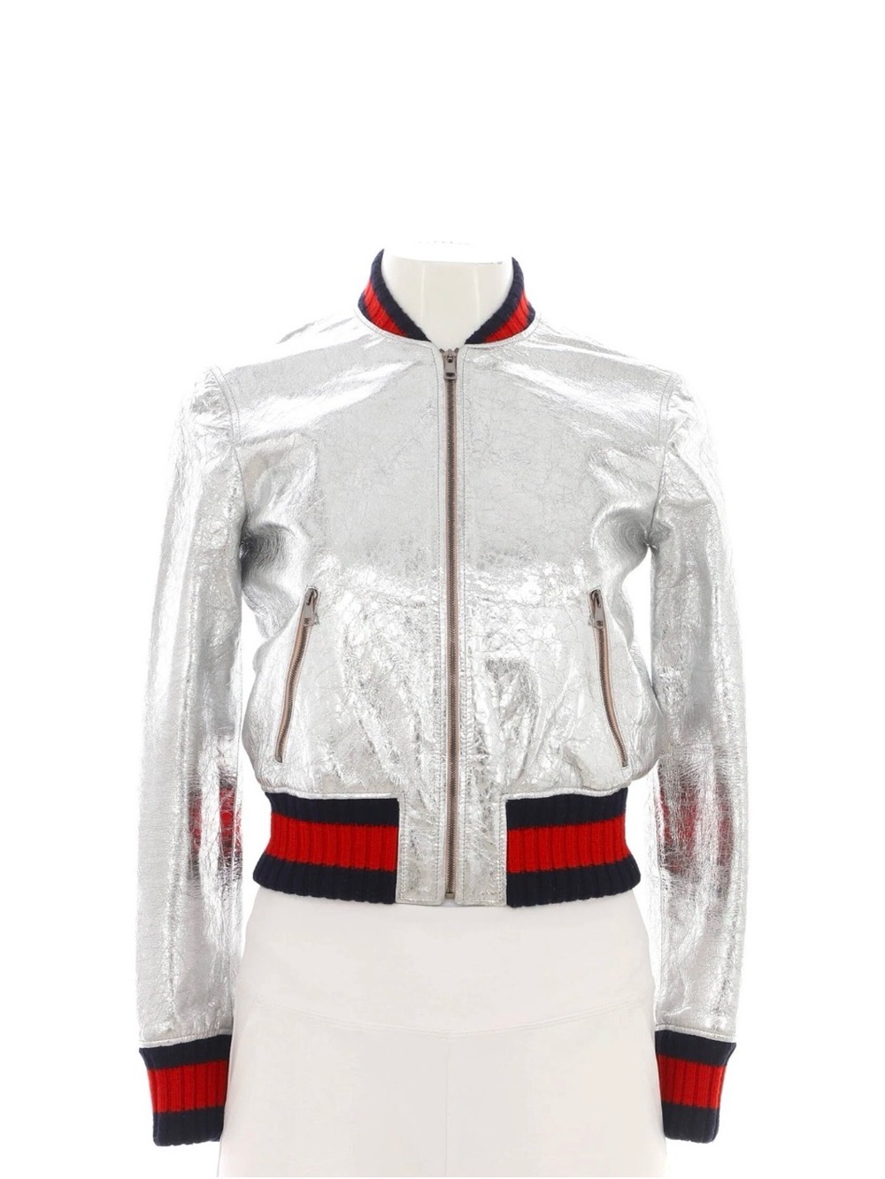 Gucci Silver Metallic Bomber Jacket with Red & Navy Trim